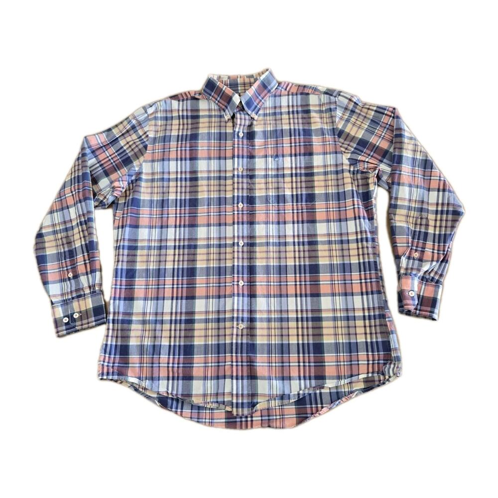 Southern Tide Trim Fit Shirt Mens Large Cotton Long Sleeve Coral Plaid